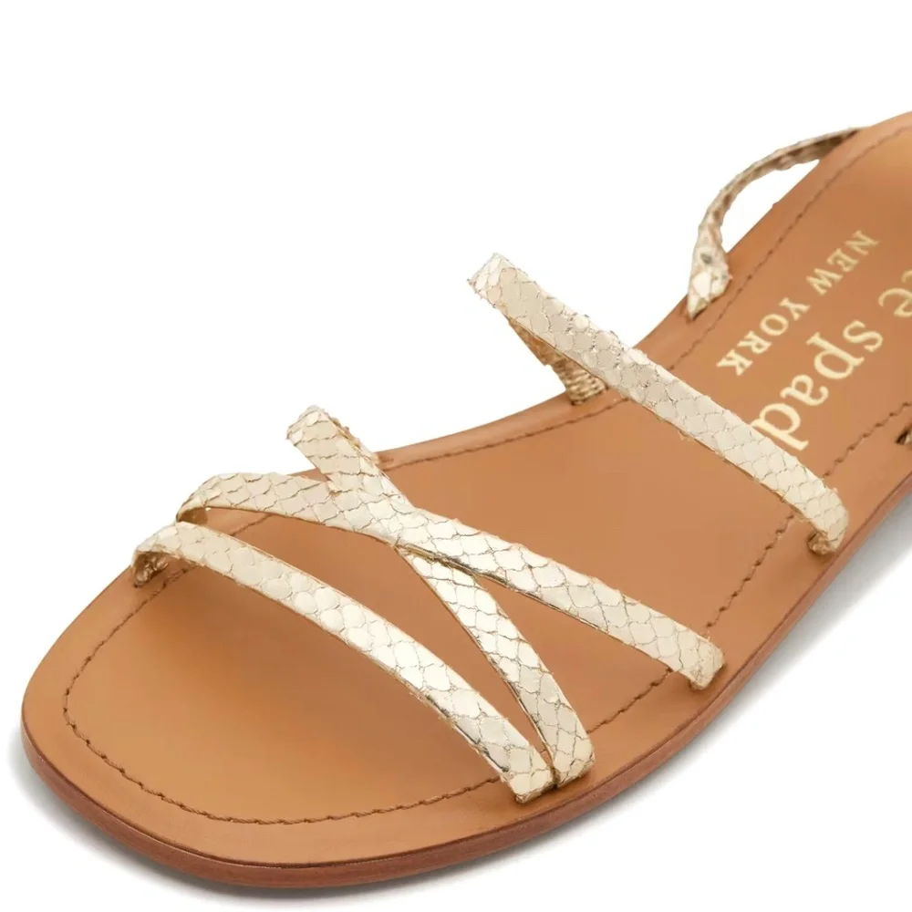 Kate Spade Womens Cove Metallic Gold Snake Leather Flat Ankle strap Sandals 6.5 - Picture 7 of 14